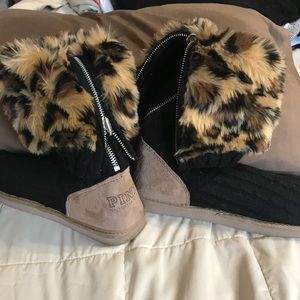 Pink black and leopard print sweater booties